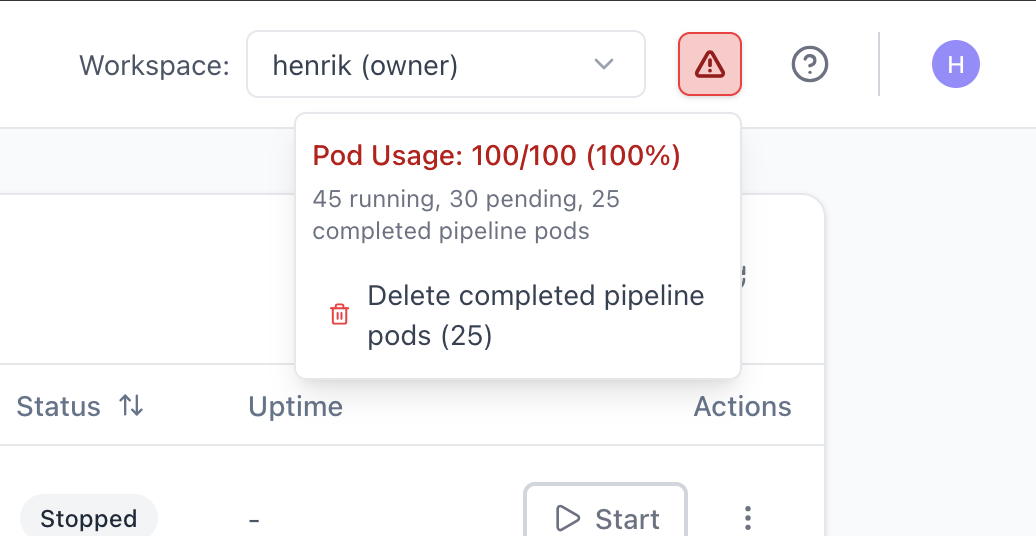 Pod quota warning next to the workspace selector