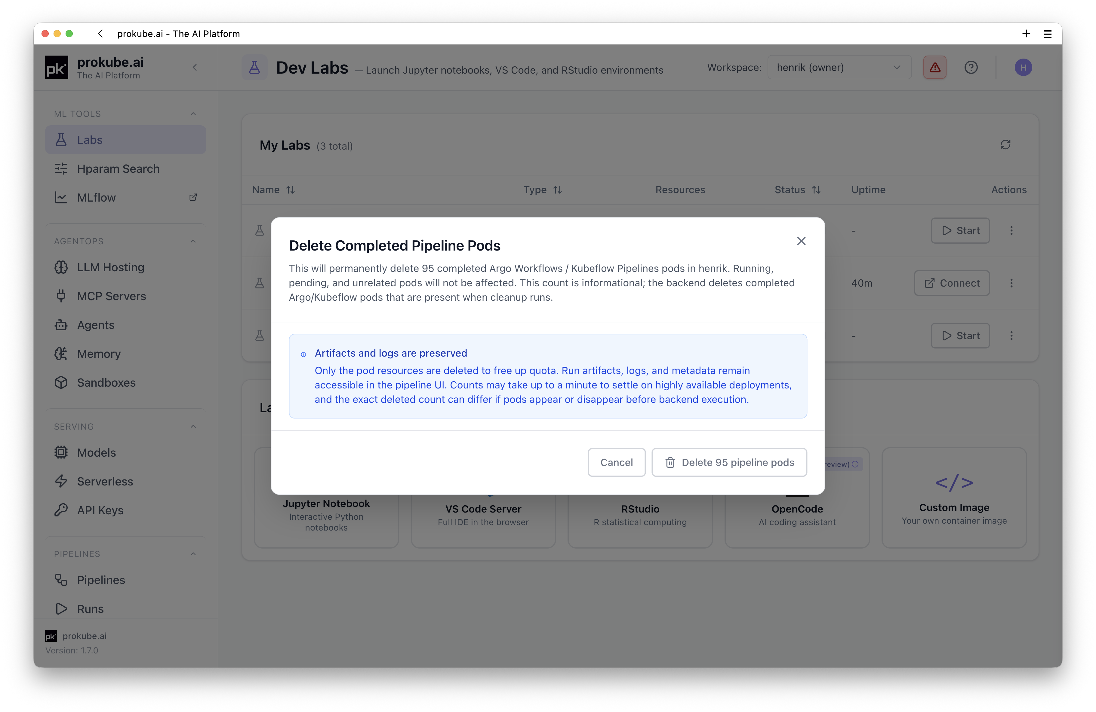 Delete completed pipeline pods action