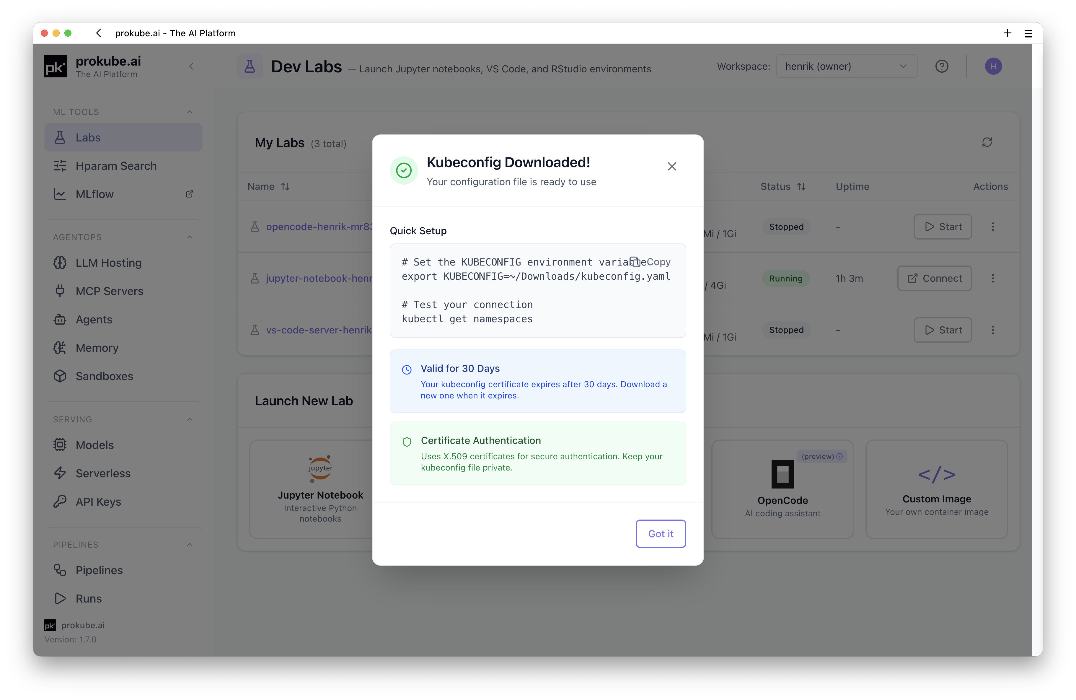 Kubeconfig download dialog