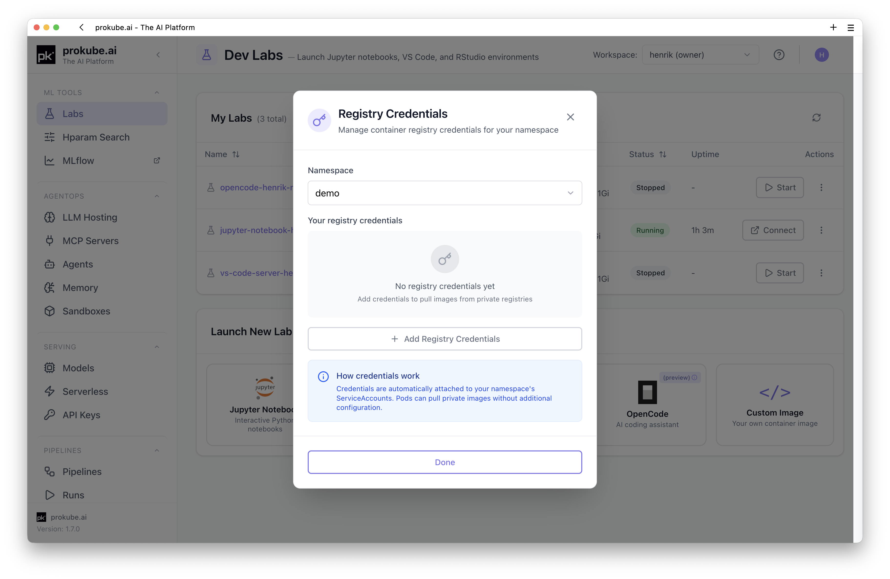 Registry Credentials dialog