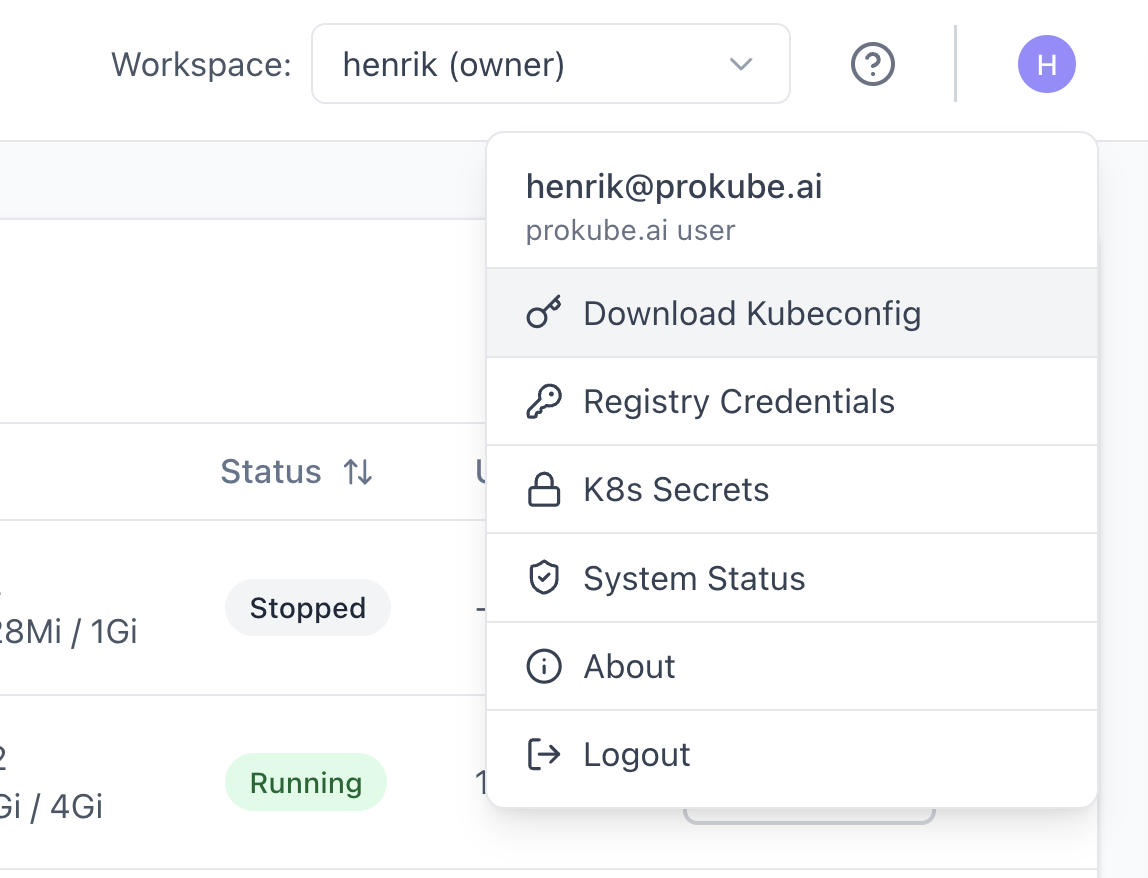 Kubernetes actions in the prokube user menu