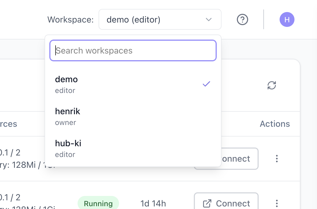 Workspace selector in the prokube UI