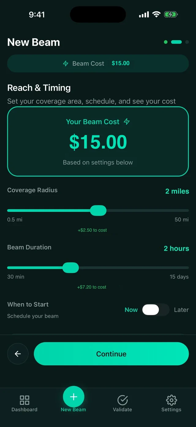 The Beam builder showing a beam cost of $15.00 with coverage radius and duration sliders