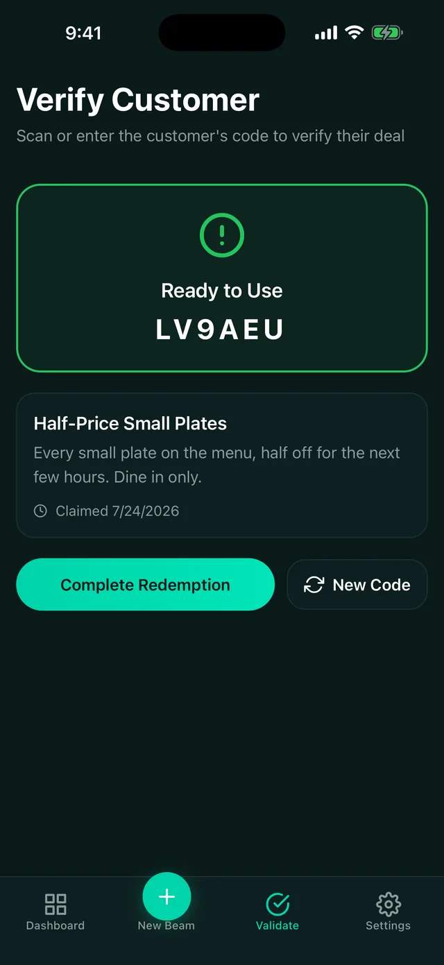 The Beam verify customer screen confirming a claimed deal is ready to use