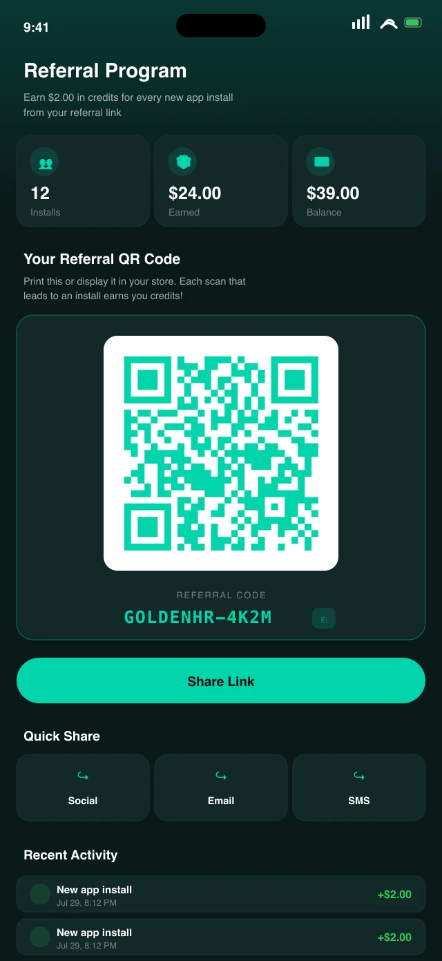 The Referral Program screen: your referral QR code, your code, a share button and the credits each install has earned