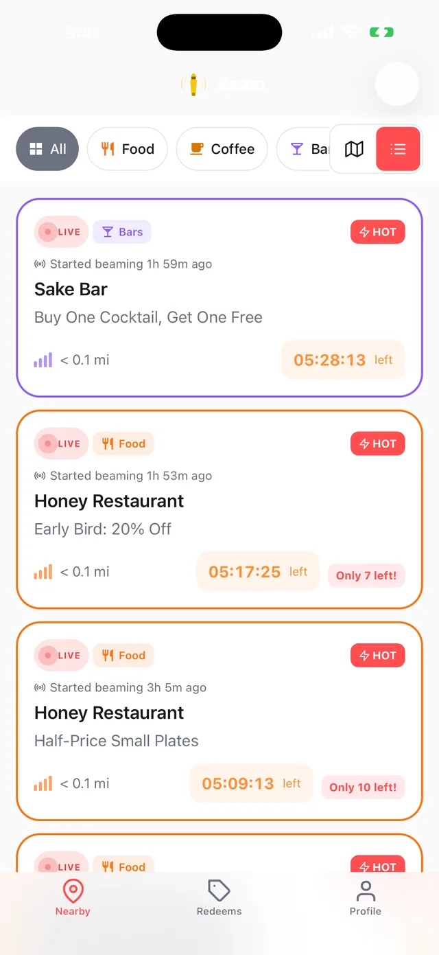 The Beam nearby list showing live deals with countdown timers and distances