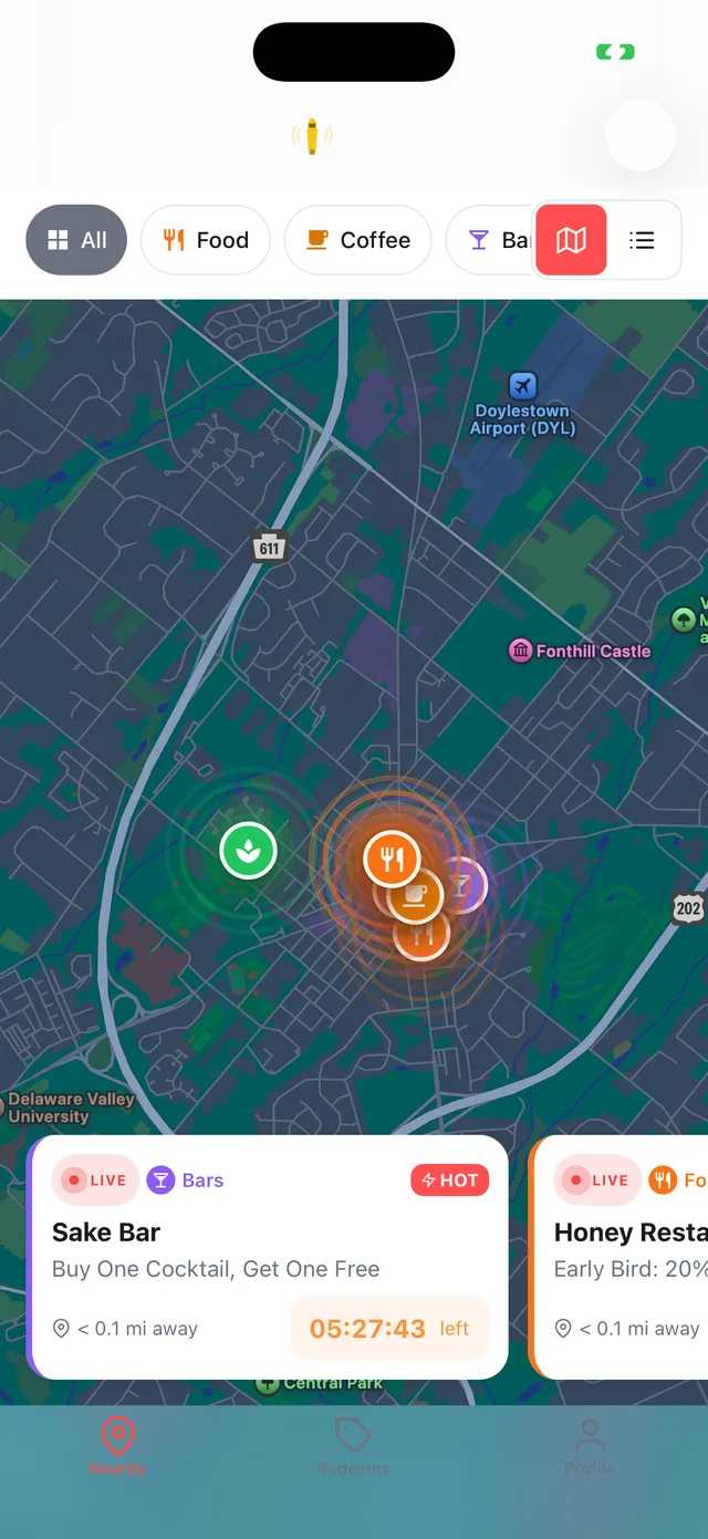 The Beam live map with category pins and glowing rings around businesses that are beaming