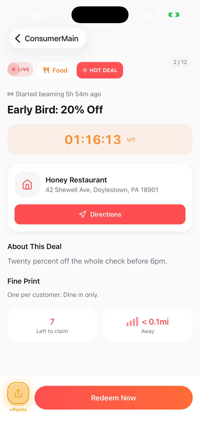 A Beam deal detail screen with the offer, the business and a claim button