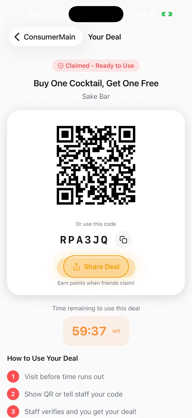 A claimed Beam deal showing a QR code, a short backup code and the time remaining