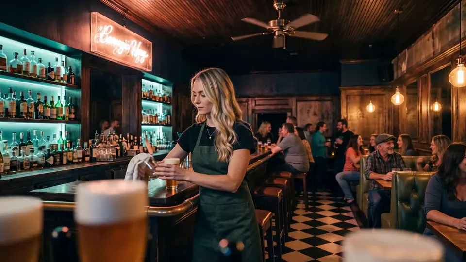 Stacey pauses behind her bar and looks out at a room that is full on a weeknight