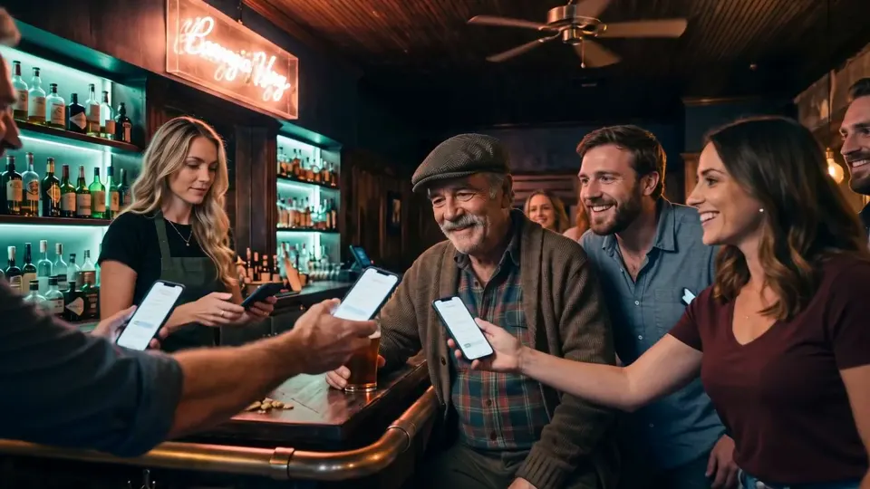 Full house at the counter: Stacey works the bar while customers hold up glowing phones to be redeemed, Walt watching from his stool at the middle of the bar