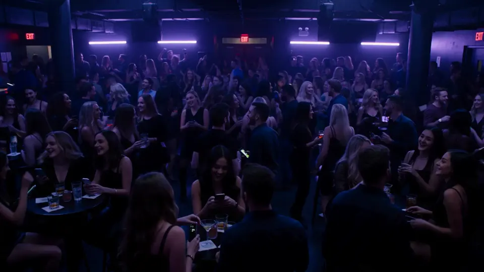 Inside the other bar, every phone lights up at the same moment and the crowd runs out, phones in hand