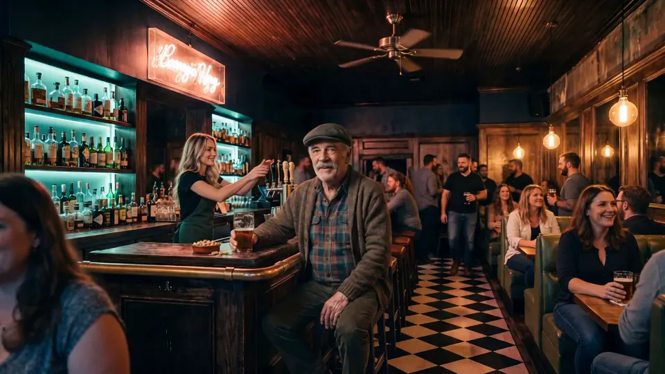 The Golden Hour, now completely packed. Walt turns on his stool at the middle of the bar, amazed, while Stacey pours behind him