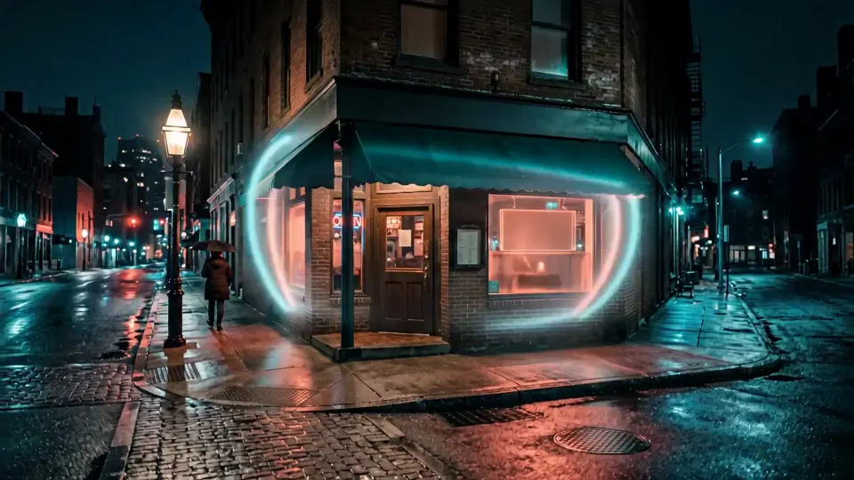A coral and teal ring of light pulses outward from a corner bar over a night city