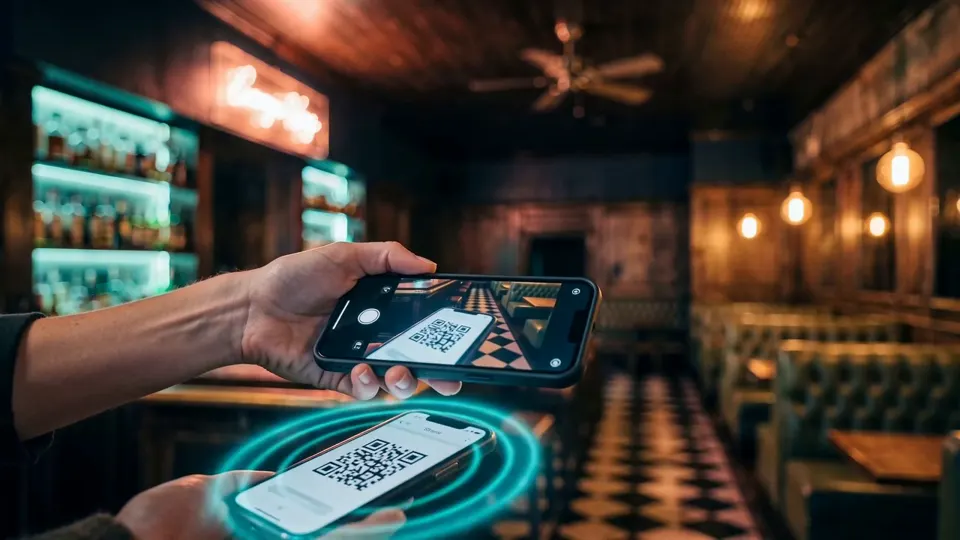 Close up of Stacey's phone scanning the QR code on a customer's phone, a teal confirmation glow between them