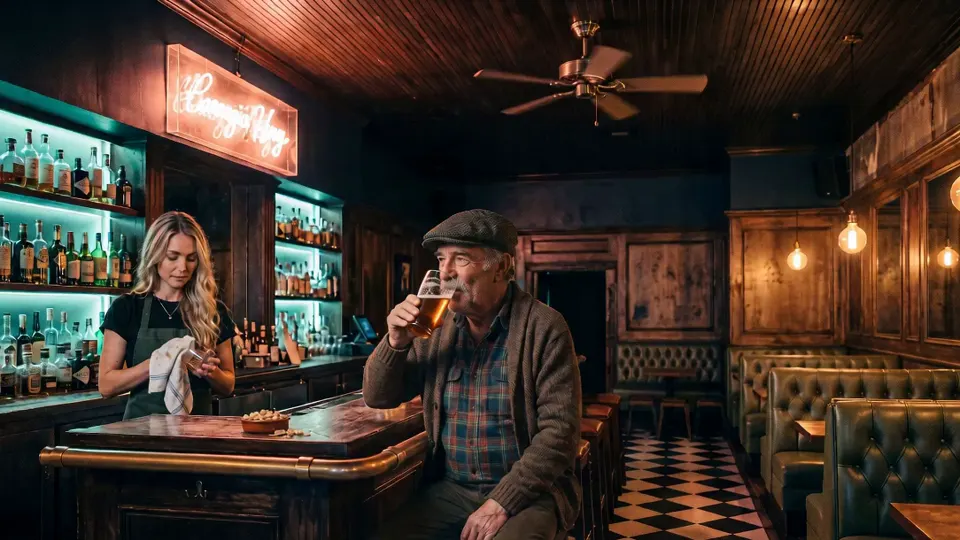 Walt, an older regular in a flat cap, sits alone at the middle of the bar with his pint and a bowl of peanuts