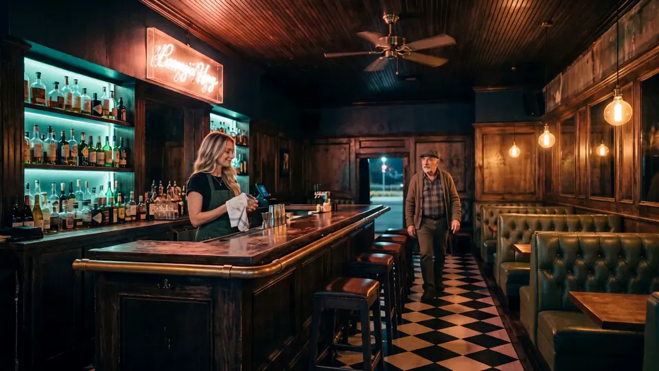 Walt walks into the empty Golden Hour and heads for his stool while Stacey polishes a glass
