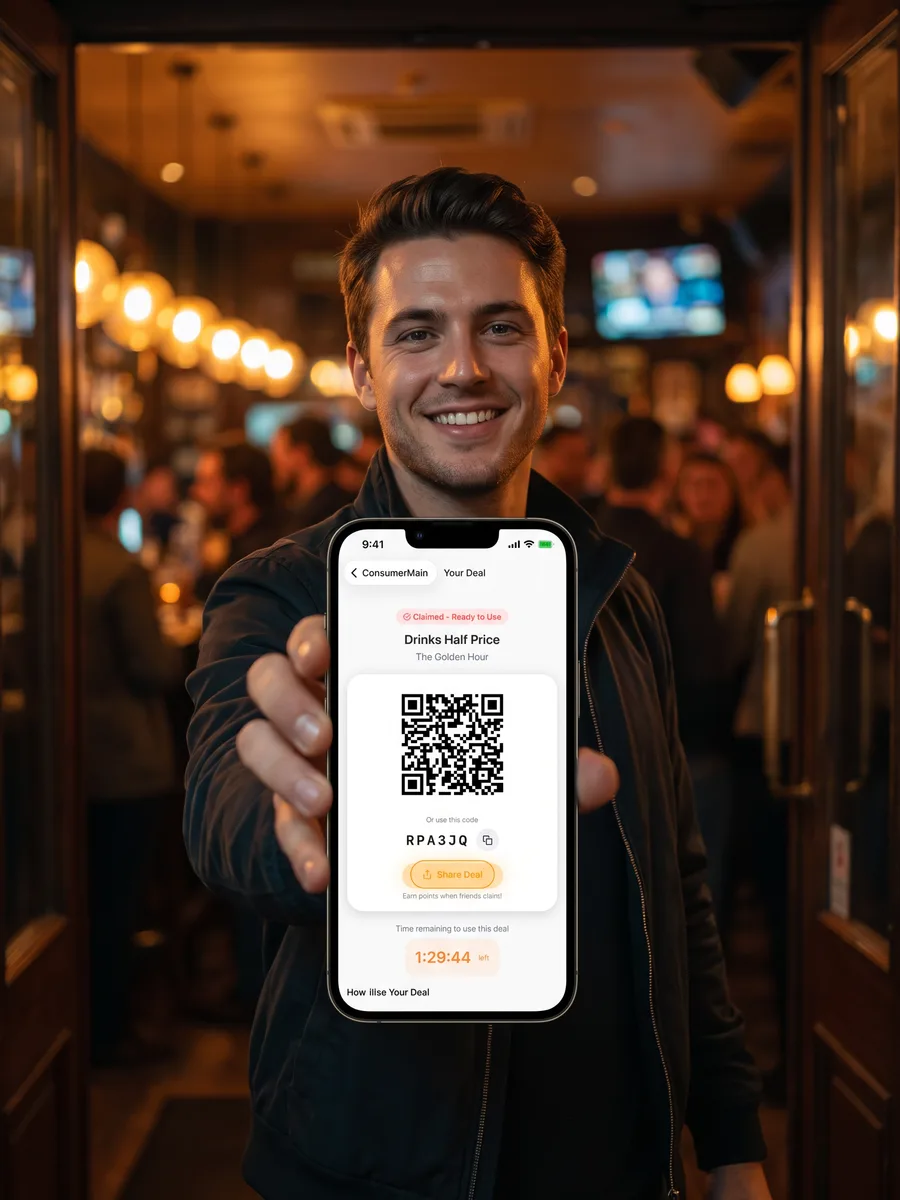 A customer in the doorway holds up his claimed deal: Claimed, ready to use, Drinks Half Price at The Golden Hour, with the QR code and 1:29:44 left