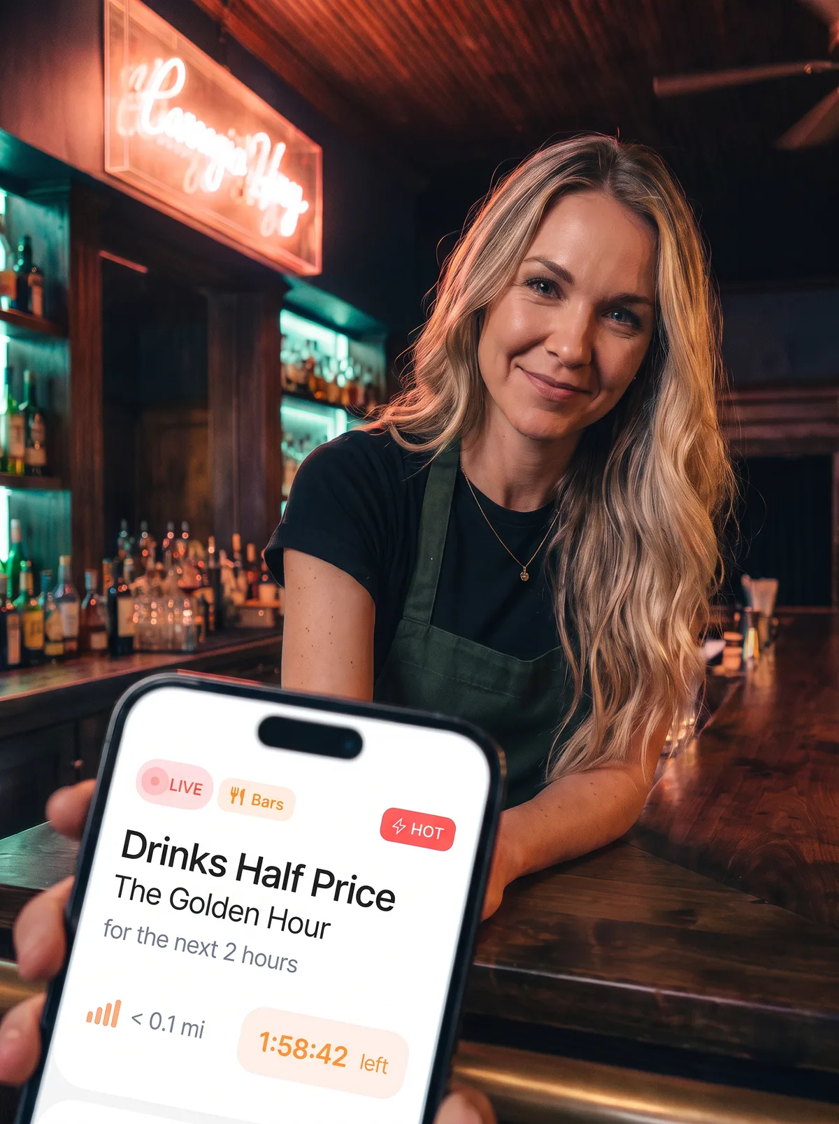 Stacey holds her phone toward the camera. The screen shows her live beam: Drinks Half Price at The Golden Hour, for the next 2 hours, 1:58:42 left