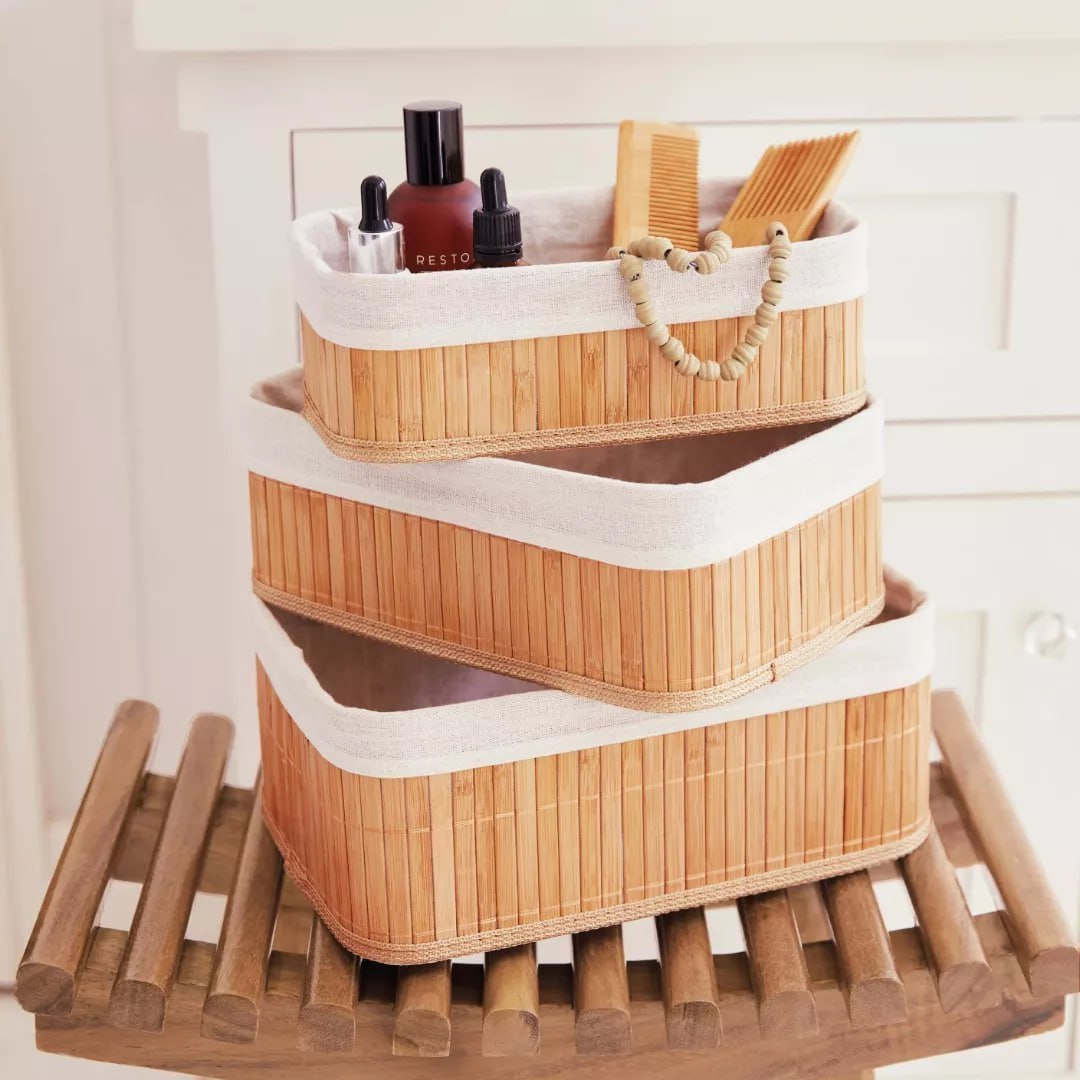 Kit 3 Cestos Organizadores Retangular De Bambu