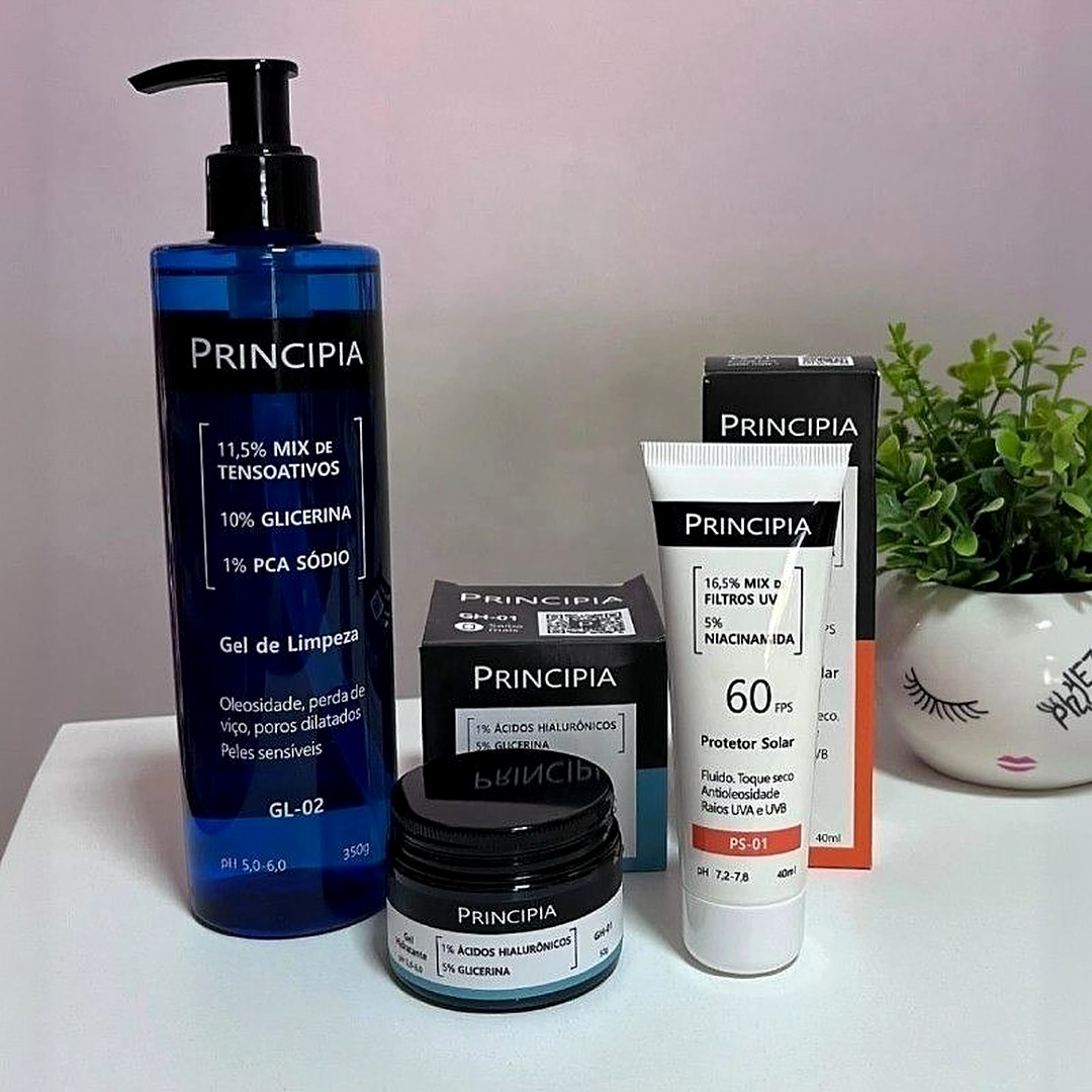 Kit Principia Skincare - Gel de Limpeza GL-02 + Protetor Solar FPS 60 + Creme Hidratante CH-01