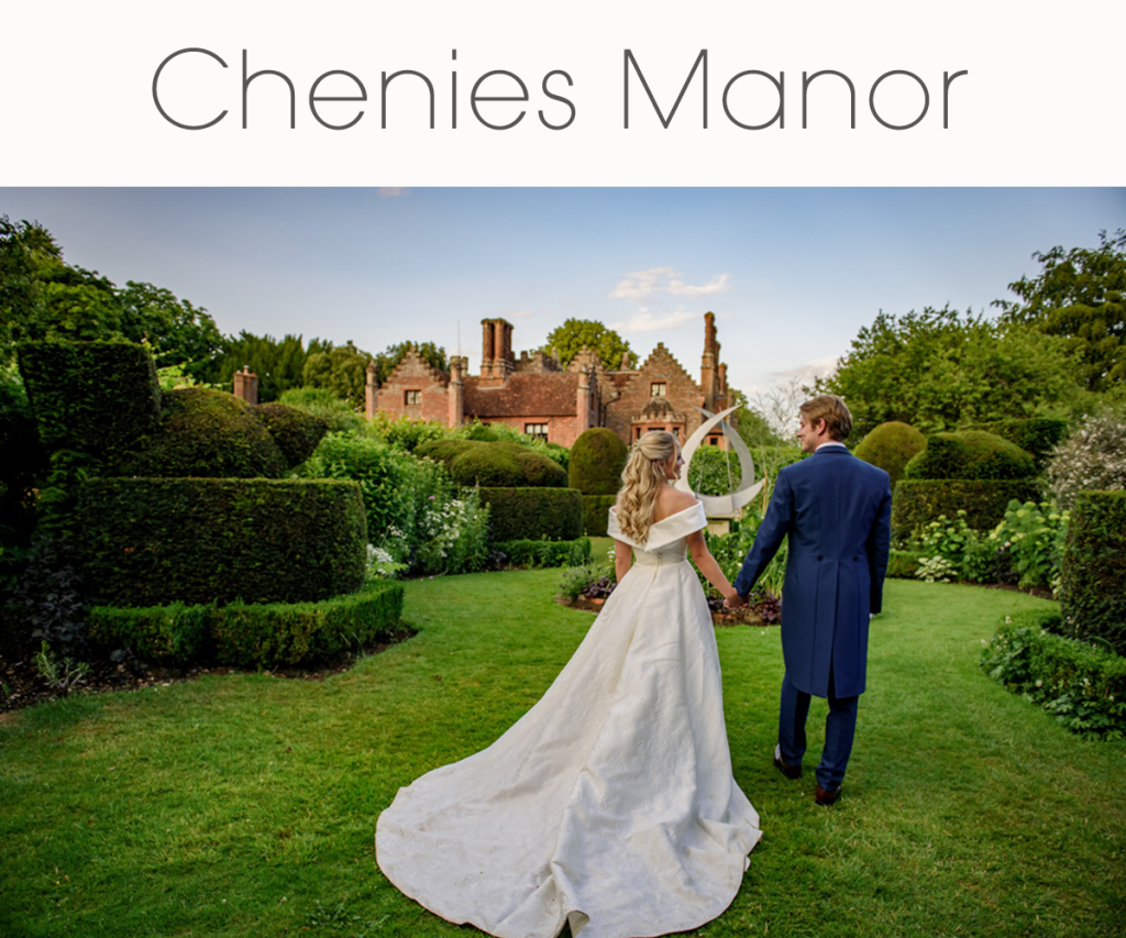 Bride and Groom holding hands in front of Chenies Manor