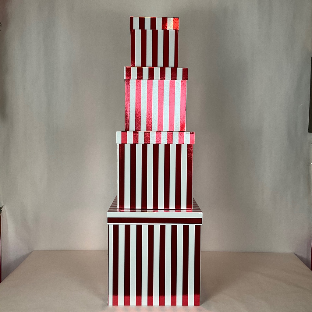 Red and White Stripped Present Boxes with Lids, 15”, 14” 13” For Rent