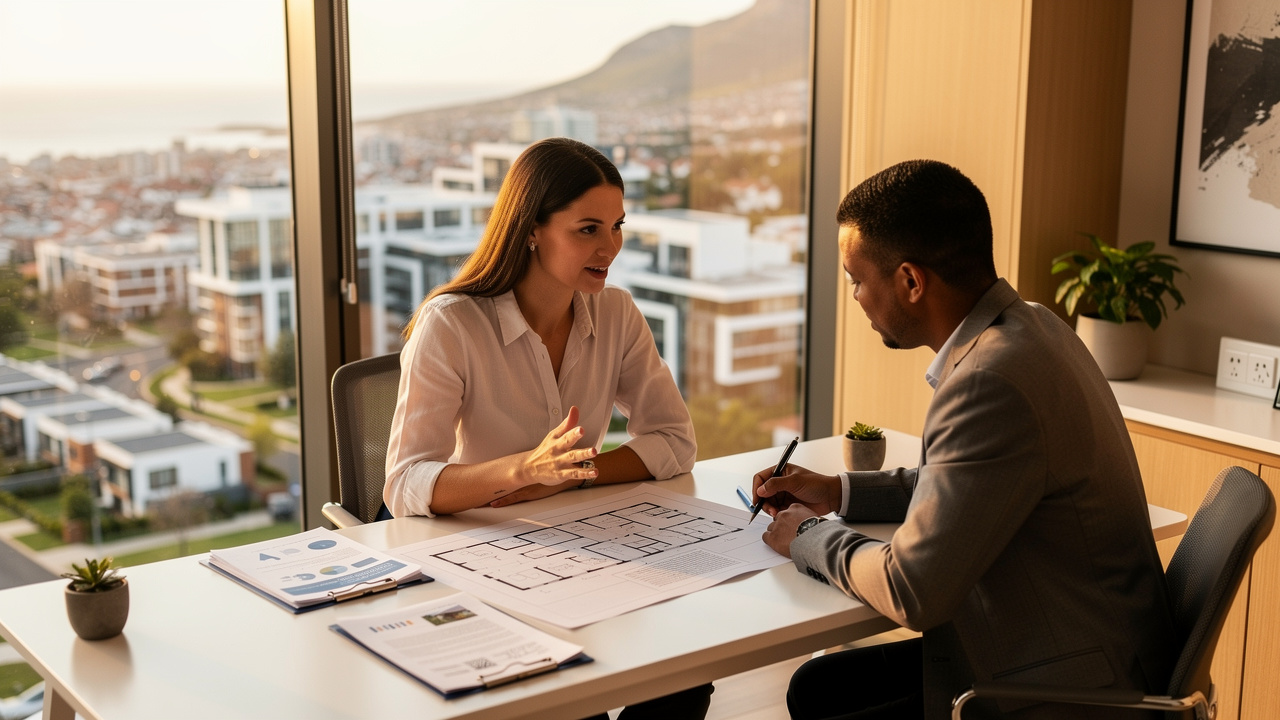 South African couple reviewing property investment plans at a modern office desk