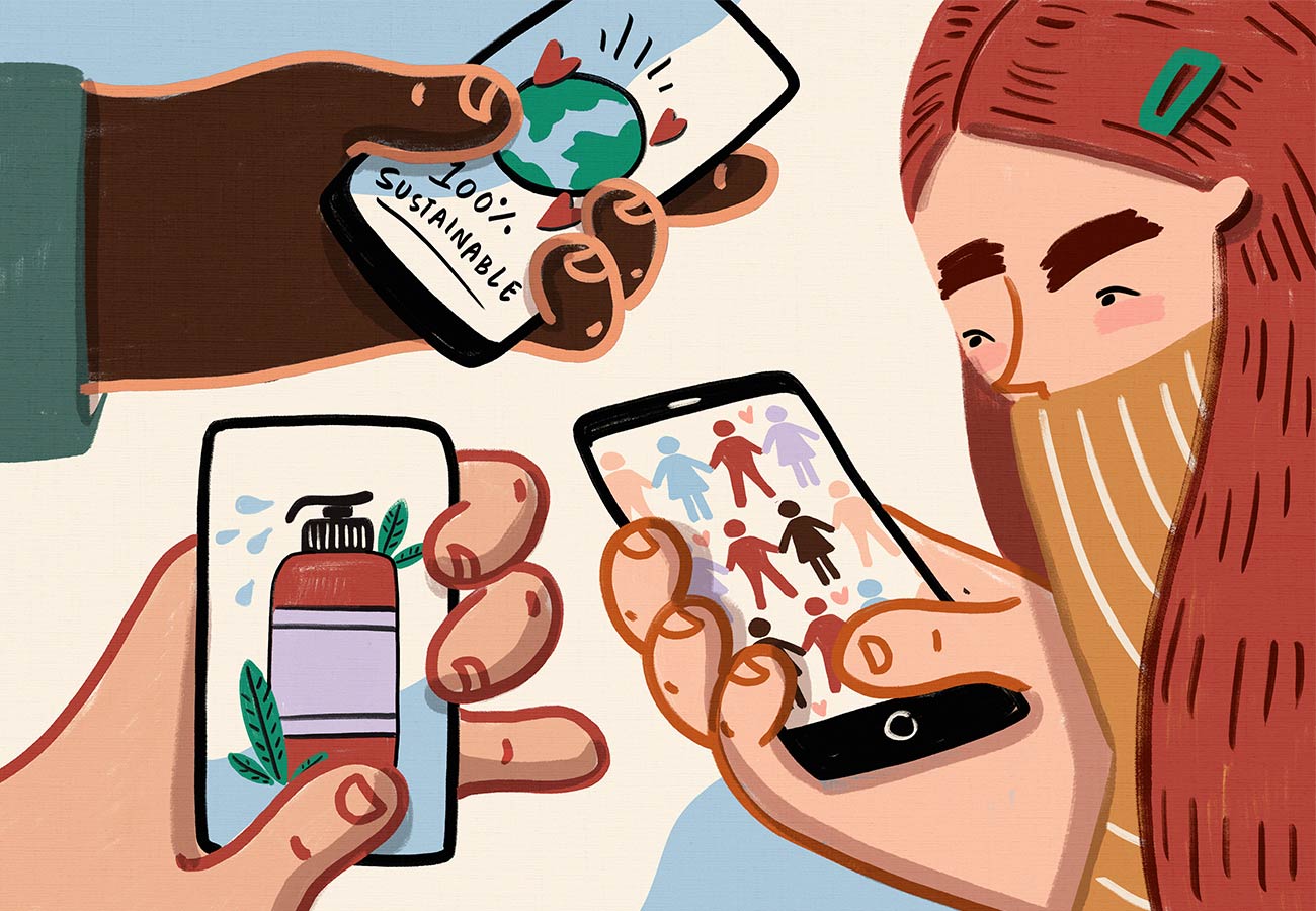 illustration of people holding phones representing b corps