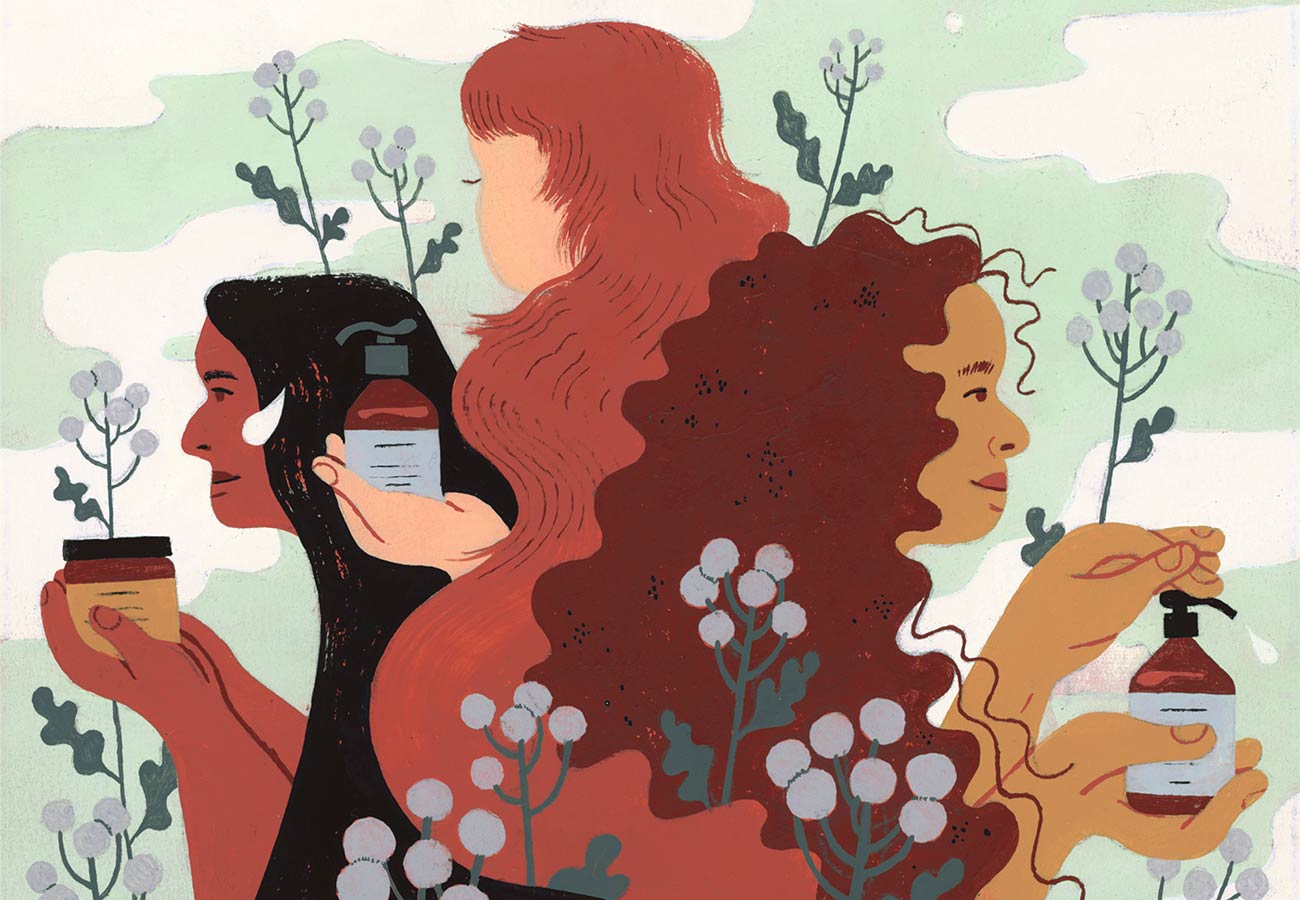 illustration of three women in nature holding prose haircare products