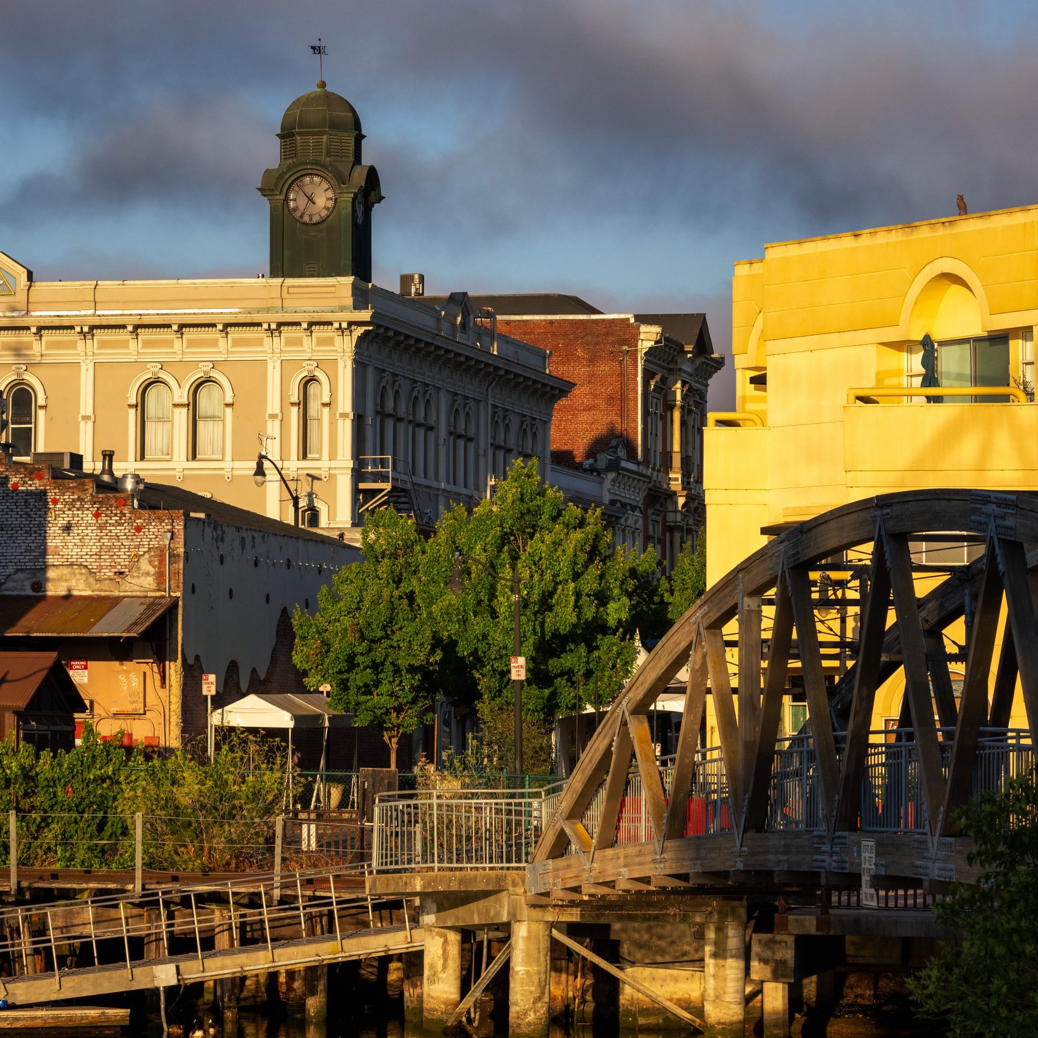 Petaluma River Bridge looking towards the historic clock tower.