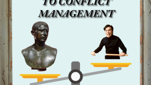 Framed graphic of scales holding the two Catos in the accompanying article, with text, "The Cato Approach to Conflict Management."