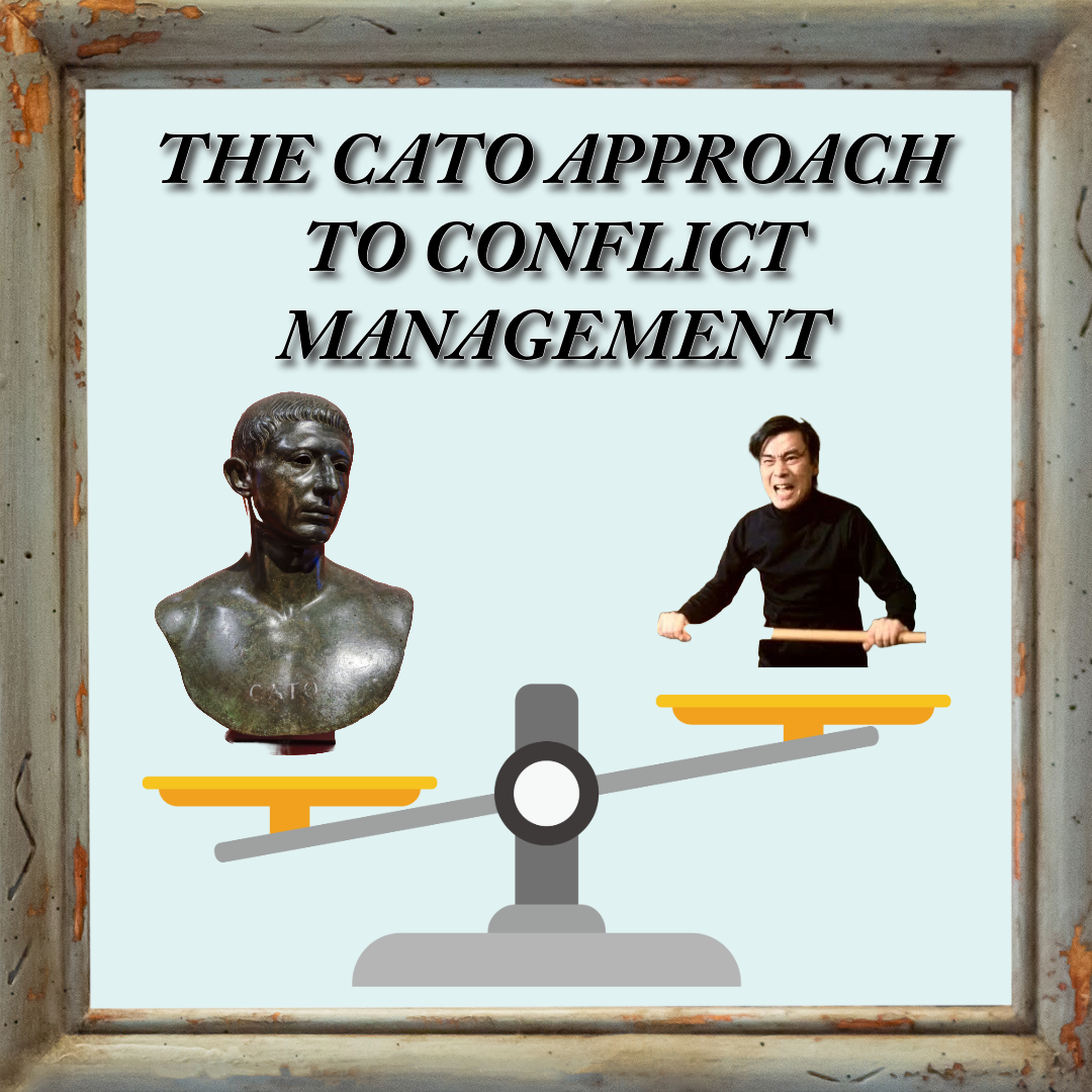 Framed graphic of scales holding the two Catos in the accompanying article, with text, "The Cato Approach to Conflict Management."