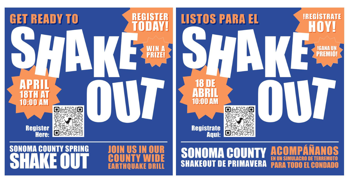 A graphic with a blue background, white text with orange highlights promoting an Earthquake drill.