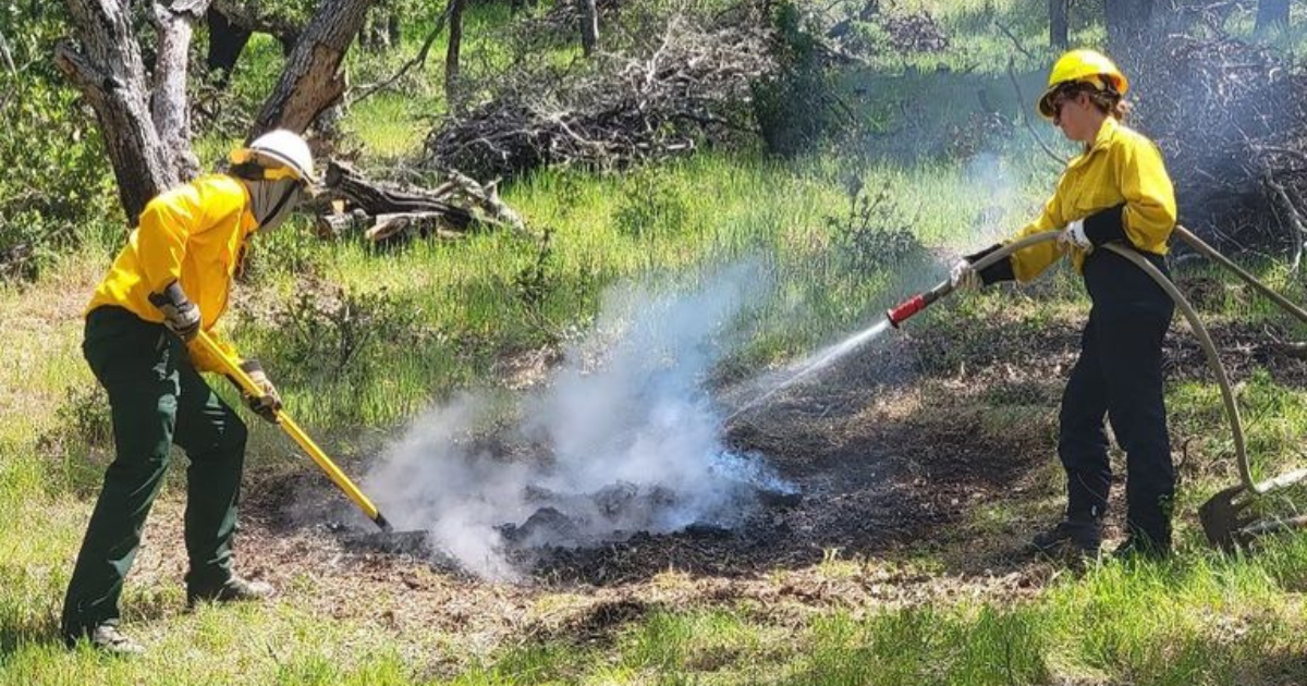 Two people in yellow shirts tending to a smoldering pile of debris in a natural setting.