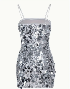 Spaghetti-strapped short dress covered in silver sequins. 