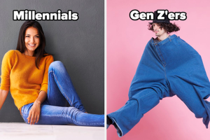 On left, woman sitting in fitted jeans and a baggy sweater, labeled "Millennials." On the right, guy in exaggerated large jeans up to his chin, labeled "Gen Z'ers."