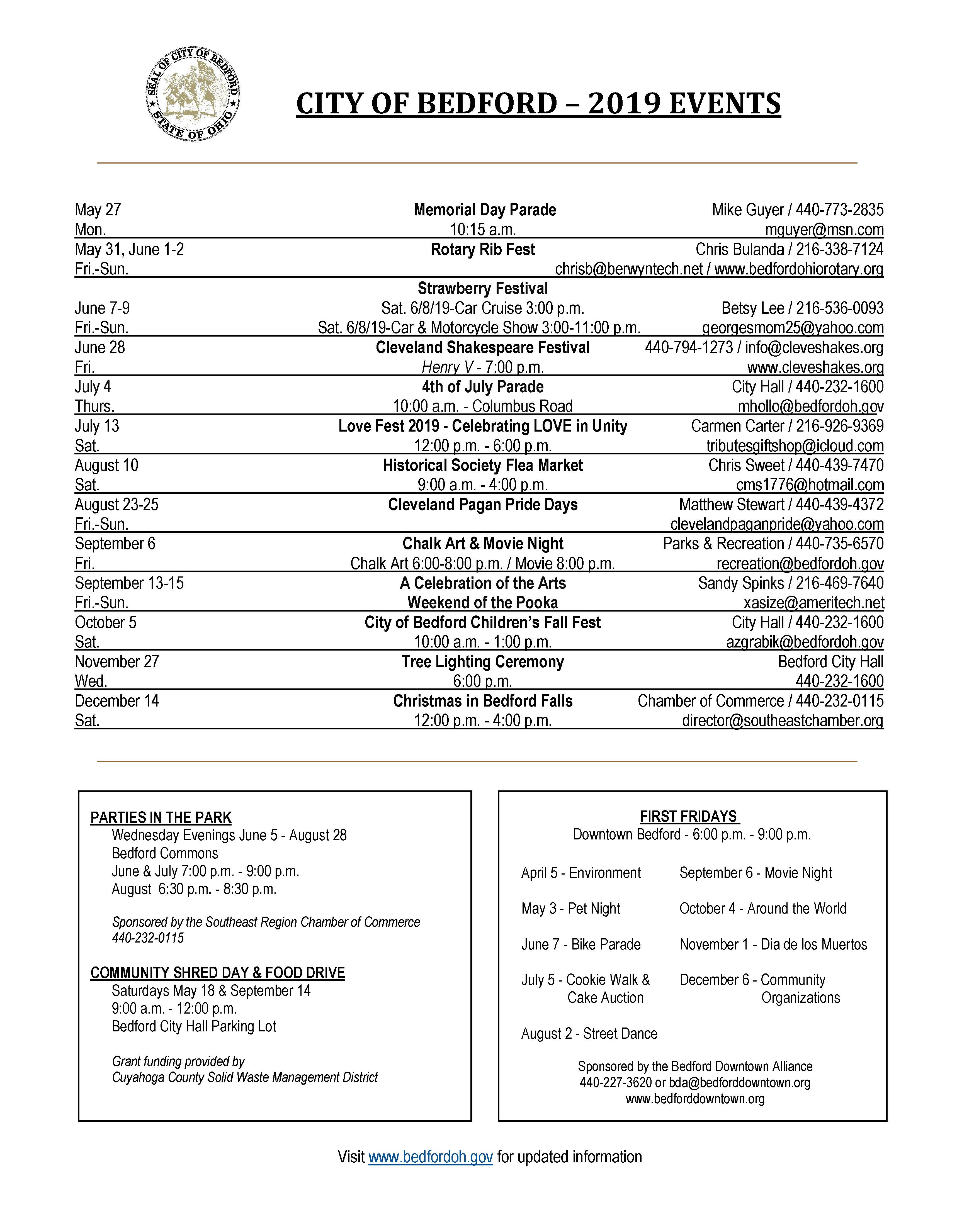 2019 Events Calendar City of Bedford, OH