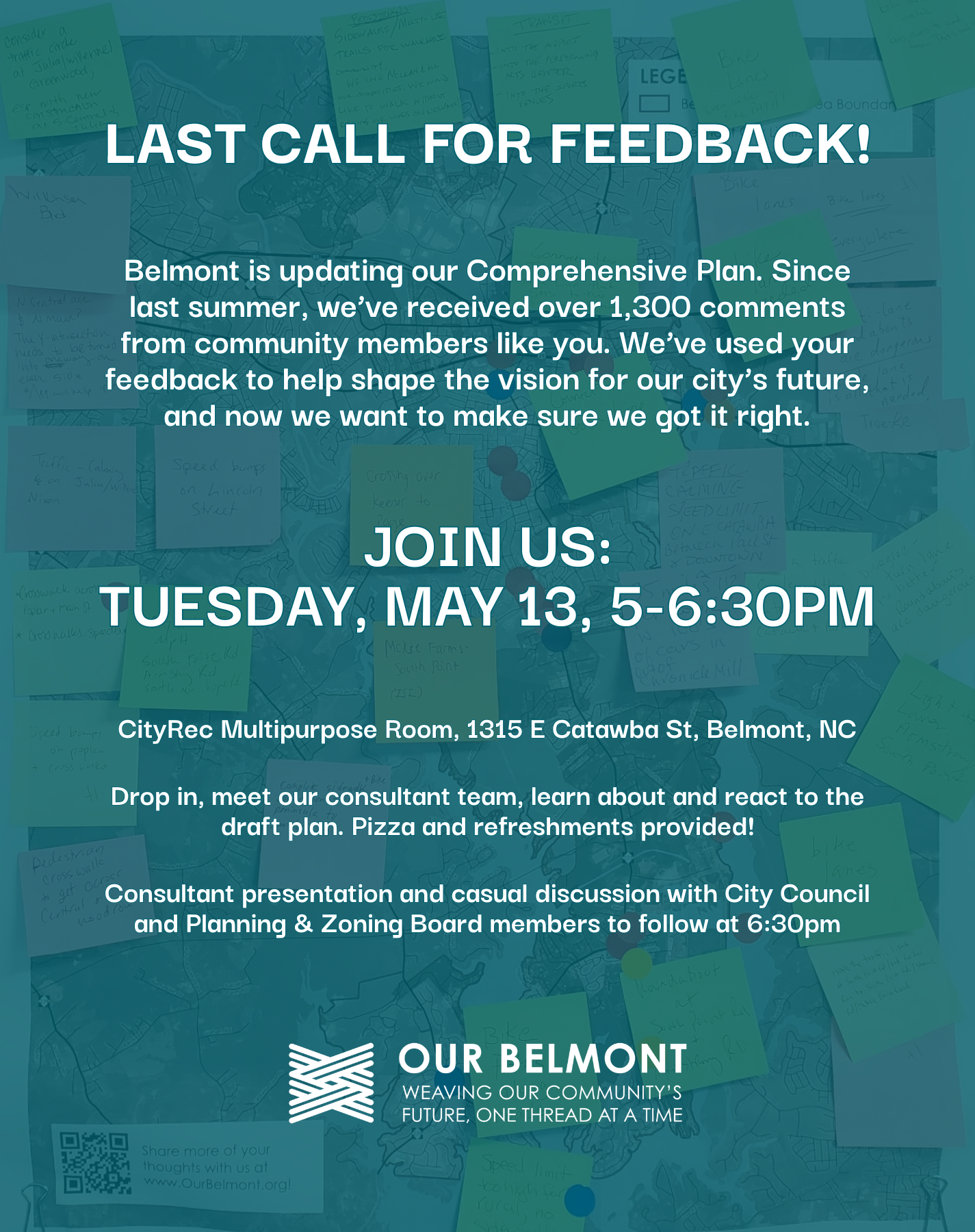 Graphic with details about upcoming community open house. Event will be held from 5:00-6:30pm on Tuesday, May 13th in the CityRec Multipurpose Room. Dinner and refreshments provided!