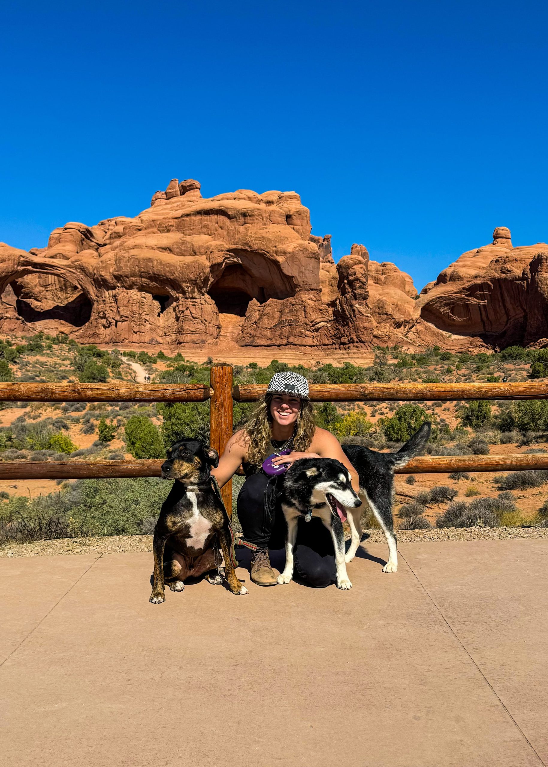 woman with her two dogs in front of landscape