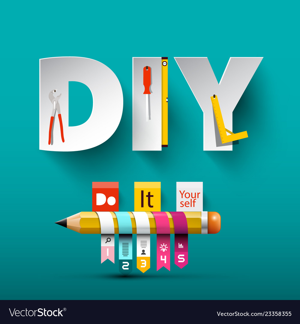 Vector Do It Yourself Design With Paper Cut Letters Tools And Pencil   Diy 