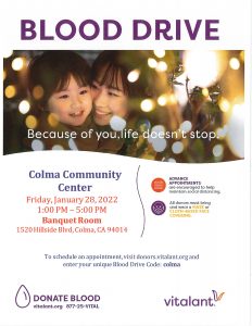 Colma PD blood drive on January 28, 2022 at Community Center