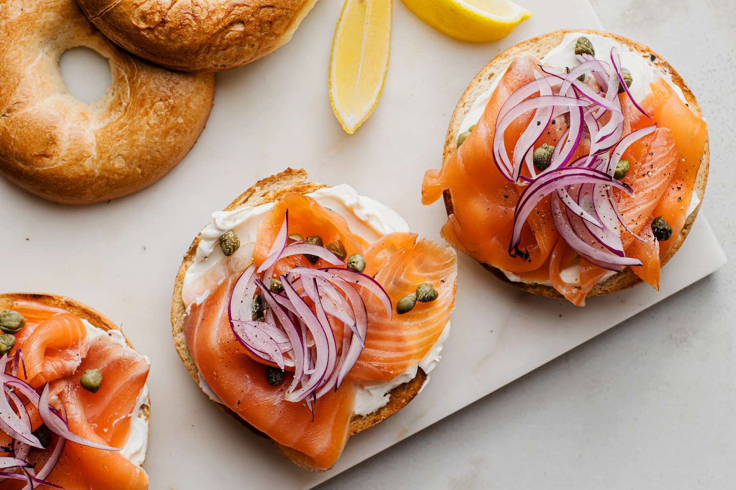 Bagels prepared with lox.