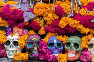 Dia de los Muertos sugar skulls and flowers