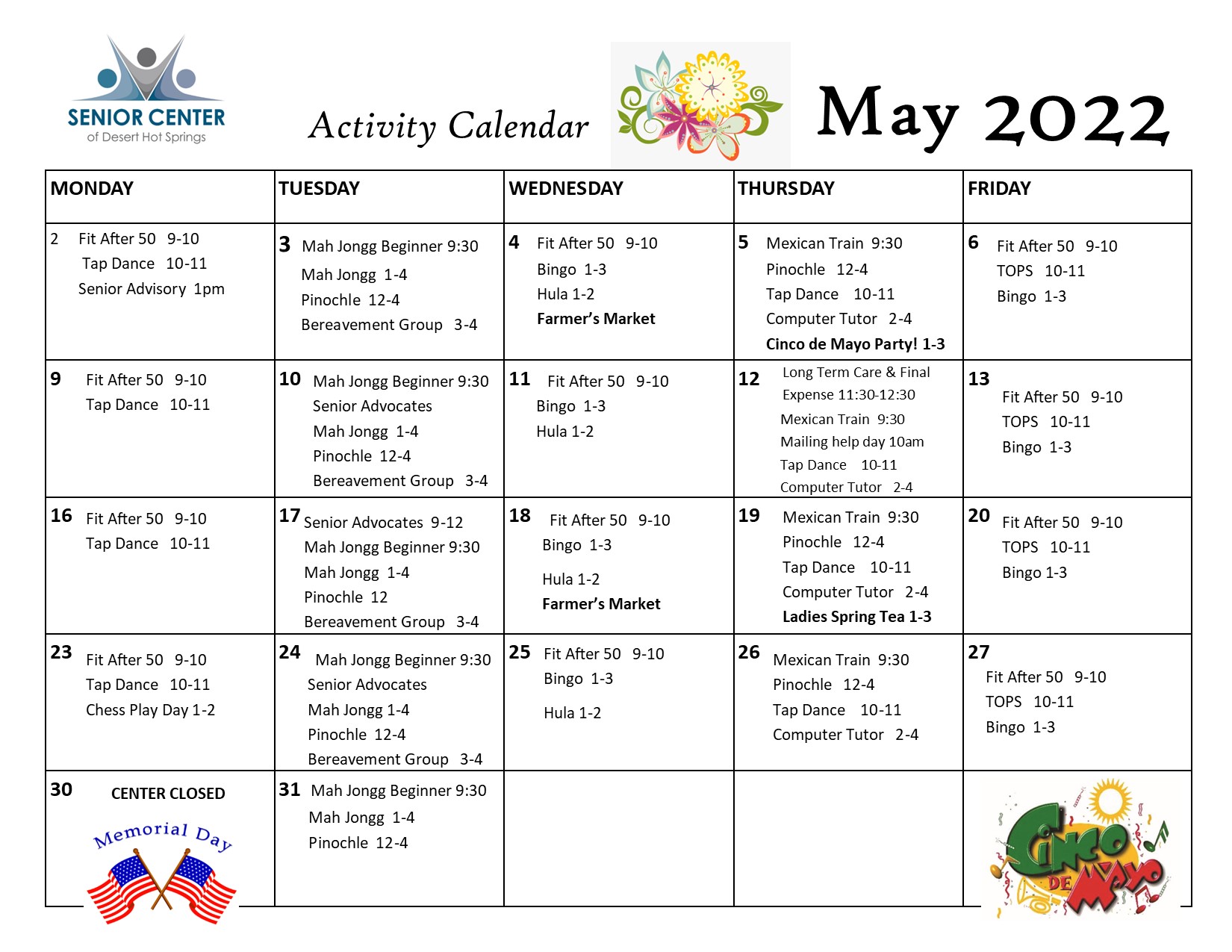 Senior Center Activity Calendar May 2022 Desert Hot Springs, CA