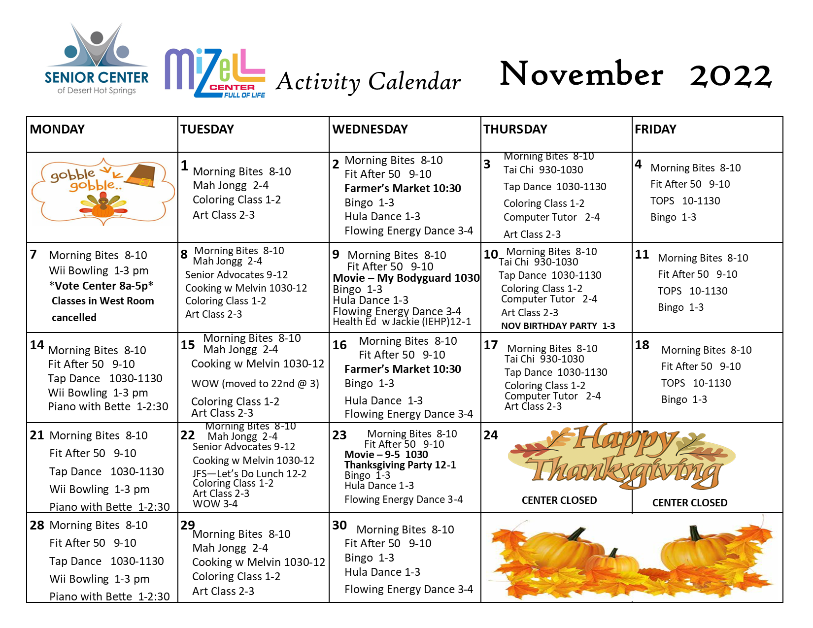 Senior Center Activity Calendar November 2022 Desert Hot Springs, CA