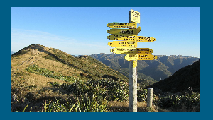 Country sign post with scenic Marin hills in the background.