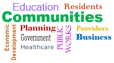 Community Word Cloud - education, planning, economic development, residents, government, healthcare, public works