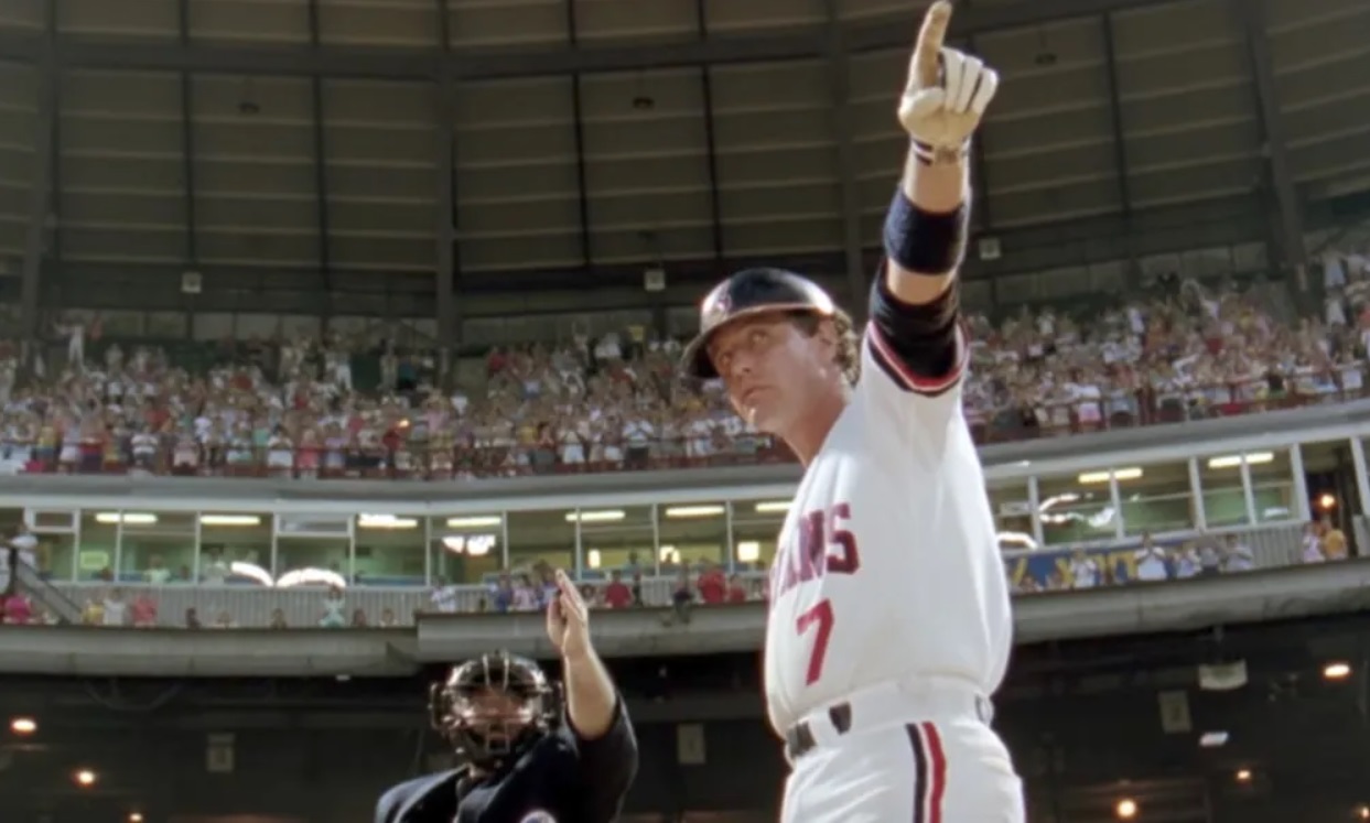 In a scene from the movie "Major League," Tom Berenger steps up to the plate.