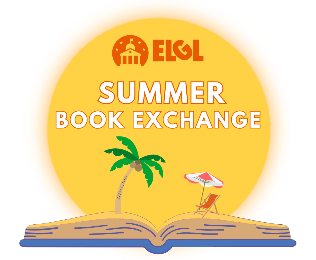 Illustration of a rising sun emerging from an open book lying flat on its covers. A palm tree, beach chair, and umbrella sit on top of the book's pages. The text "ELGL Summer Book Exchange" is overlaid on the sun.